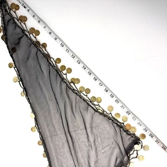 Sheer Black Triangle Head Scarf with Gold Coins – Bellydance or Festival Wrap - Picture 3 of 4